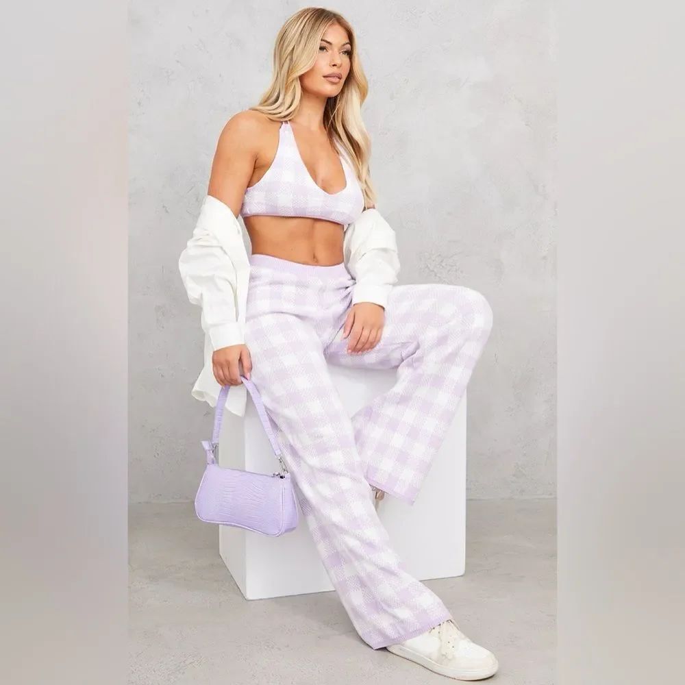 PrettyLittleThing LILAC CHECK PRINT WIDE LEG KNIT PANT NEW Size Medium